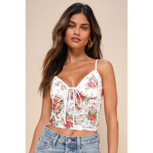 NWT 🆕 Lulus Precious Flirt White Floral Sheer Lace Cropped Cami Top